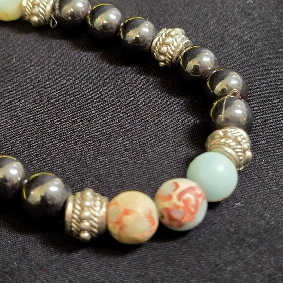 Hematite & Sea-Sediment Ocian Jasper Bracelet Healing Stones Silver Tone Spacer - Picture 4 of 6